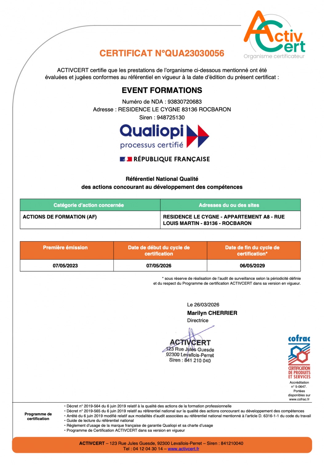 Certificat Qualiopi Event-Formations n°QUA23030056